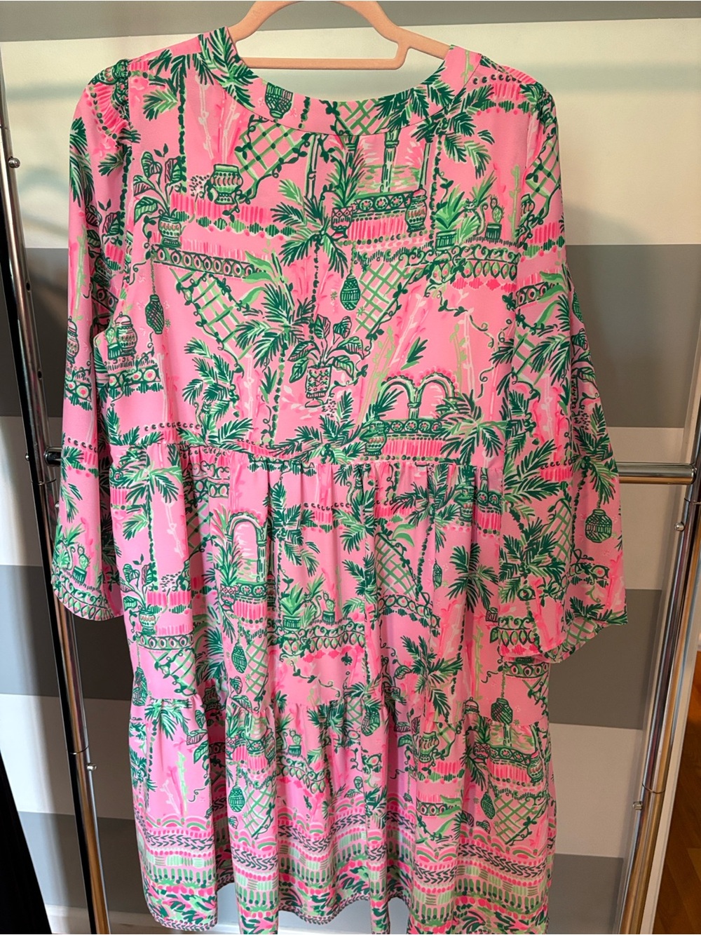 Lilly Pulitzer Pink and Green Tropical Print Smocked Waist Tunic Dress - Picture 2 of 3